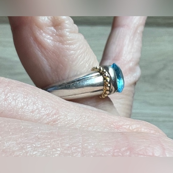 Vintage Designer Signed Sterling Silver & 14k Gold Beaded Blue Topaz Ring - Picture 10 of 11
